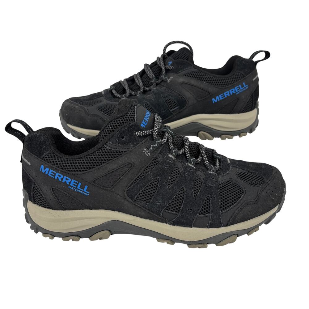 Merrell Hiking Sneaker Mens Size 9 Black Leather Blue Logo Casual Lace Up Shoe
